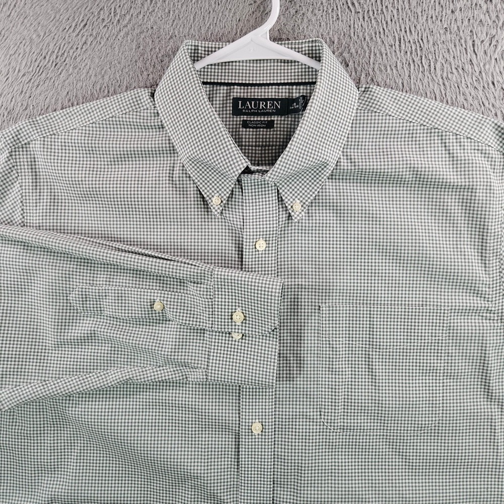 Lauren Ralph Lauren Mens 18 34/35 Classic Fit Non Iron Gingham Shirt Green White